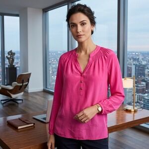 Lilly Pulitzer Pink Silk Elsa Blouse Smocked Neck Long Sleeve Top XXS 46456